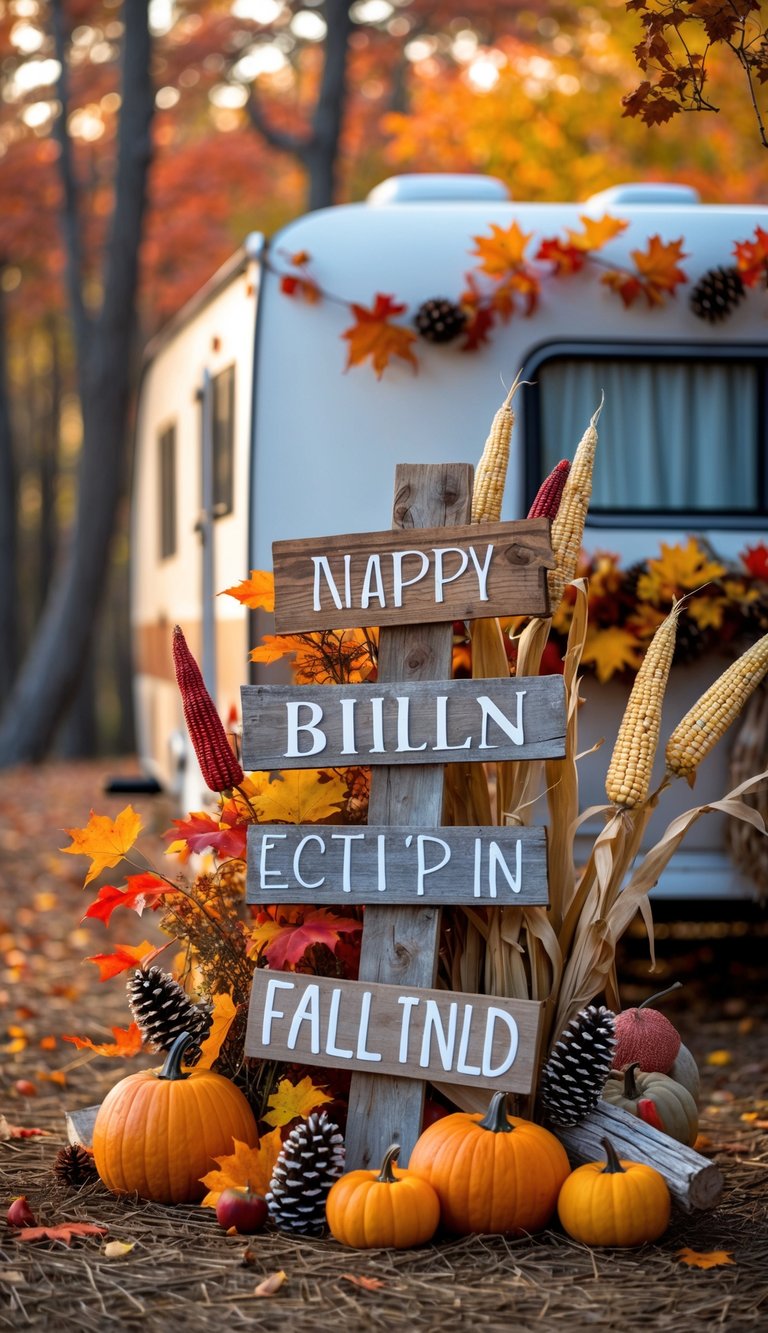 Rustic wooden signs displayed outdoors near a vintage RV surrounded by colorful fall leaves, pumpkins, and pinecones.
