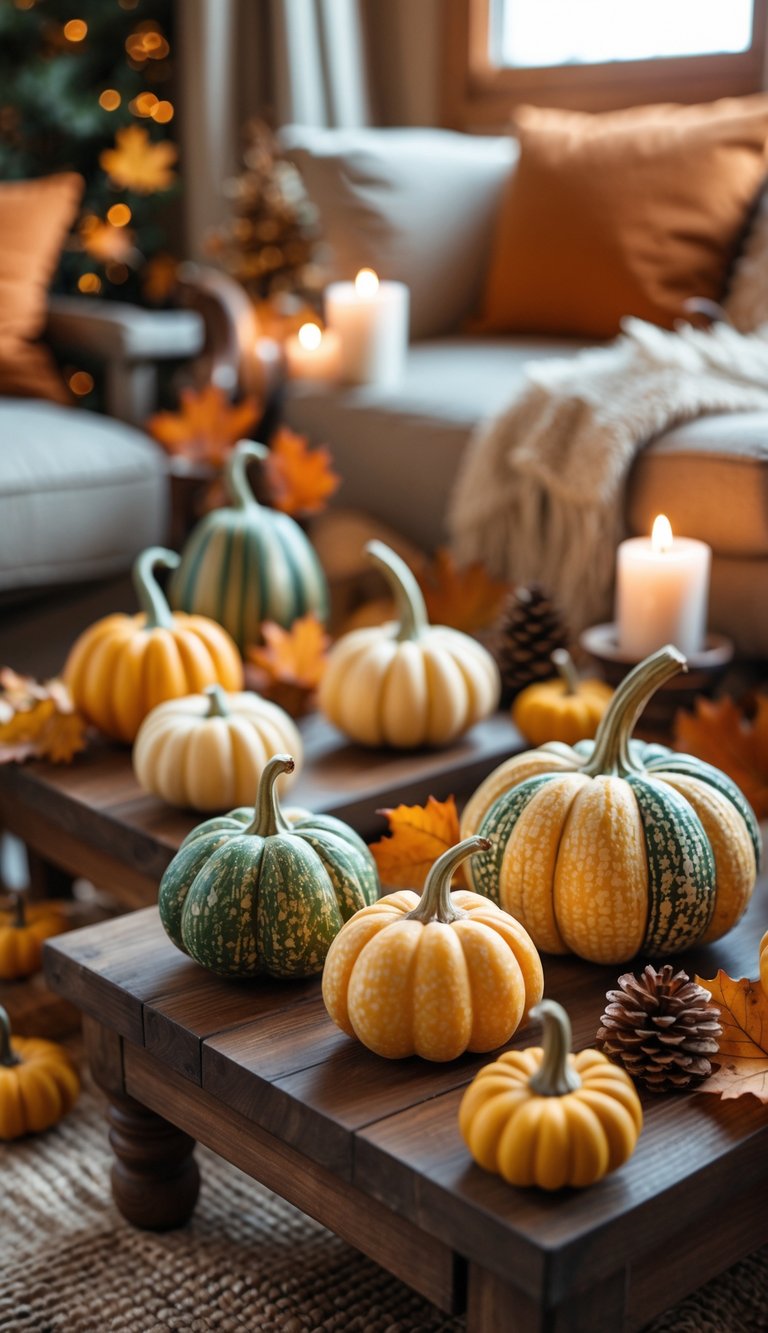 Small decorative gourds arranged on wooden tables with fall-themed decorations in a cozy indoor setting.