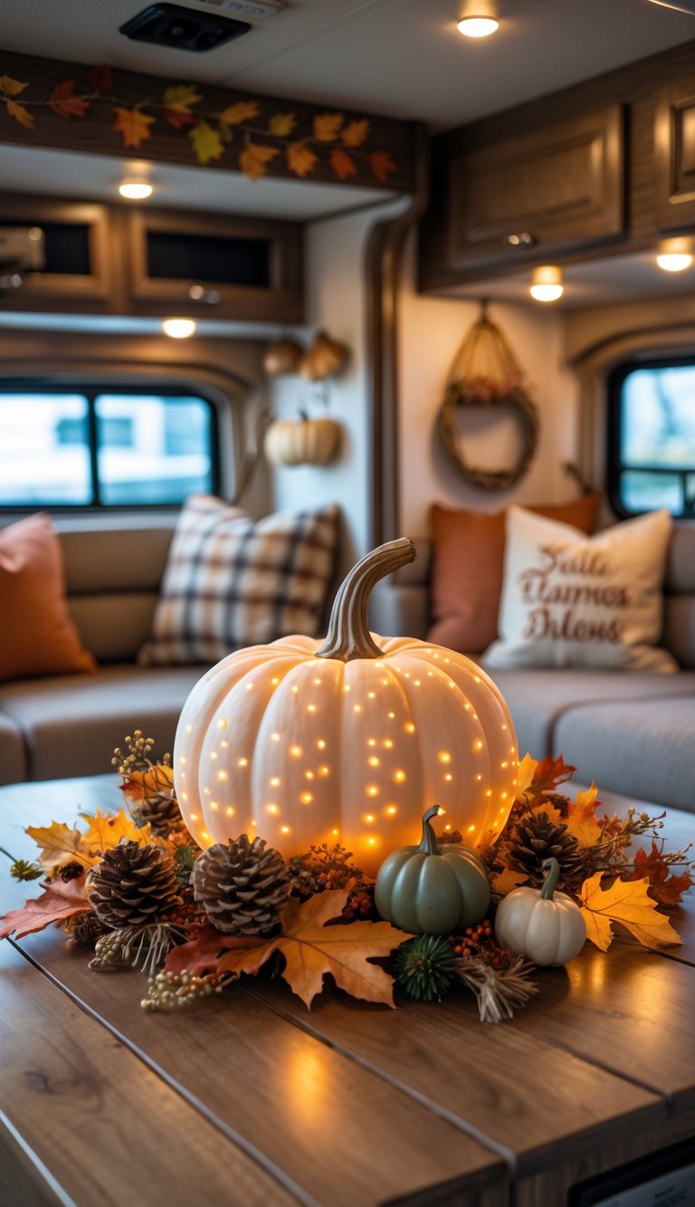 A fall-themed RV interior with a glowing fake pumpkin centerpiece on a wooden table surrounded by autumn leaves and small gourds.