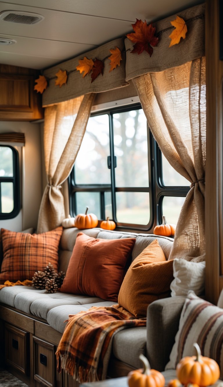 Interior of an RV decorated for fall with burlap curtains and autumn decorations like pumpkins and leaves.
