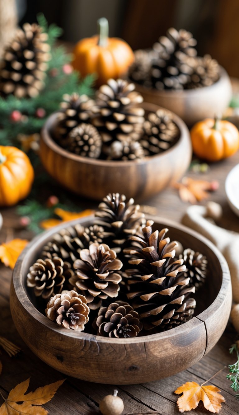 Decorative pine cones arranged in wooden bowls on a wooden table with autumn leaves and small pumpkins around them.