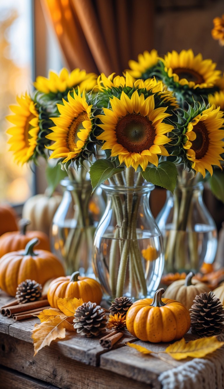 Sunflower bouquets in glass vases surrounded by fall decorations on a wooden surface.