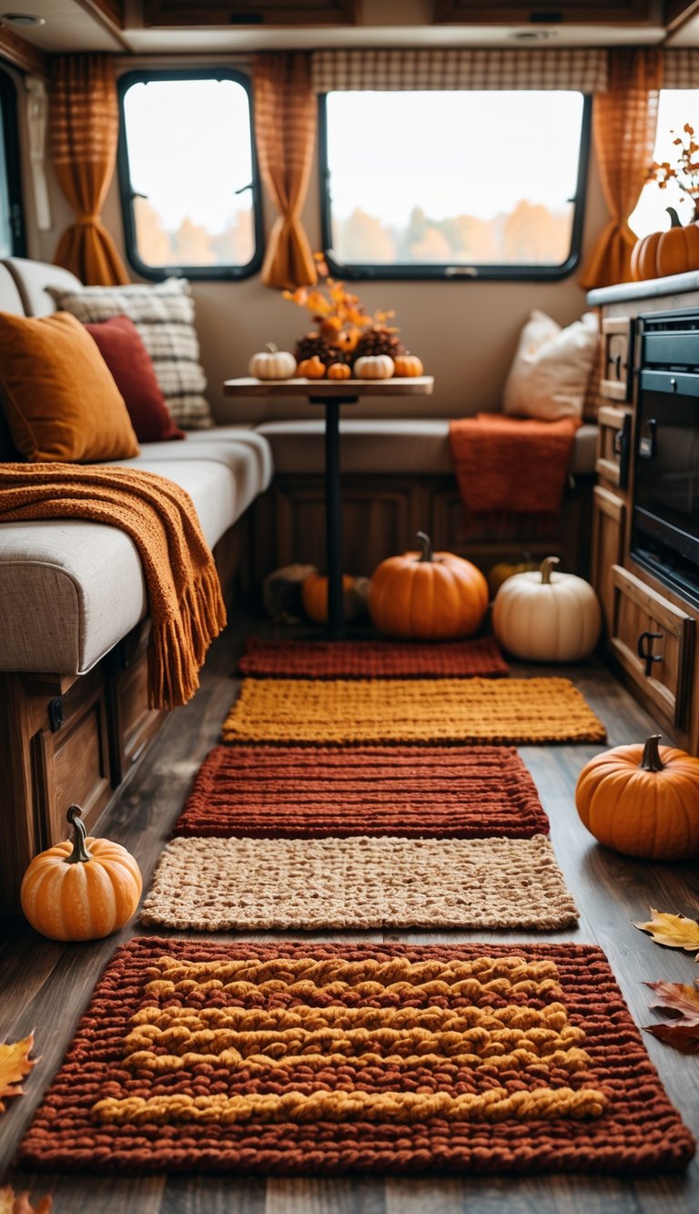 Interior of an RV decorated for fall with warm-colored rugs on the floor and autumn decorations like pumpkins and pinecones.