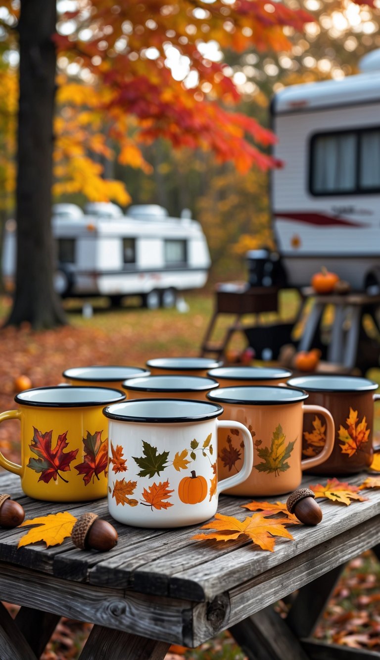 A group of vintage enamel mugs with autumn designs placed on a wooden table outdoors near an RV surrounded by colorful fall leaves.