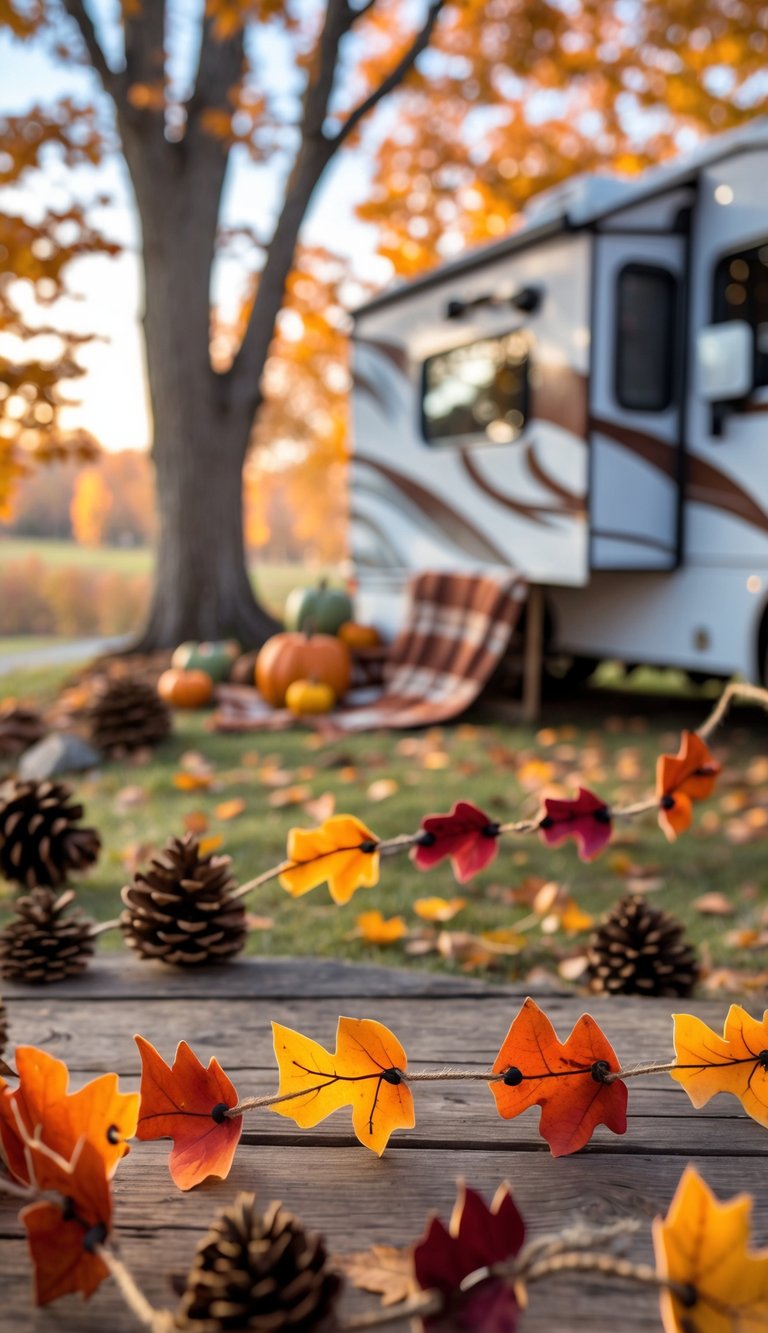 Craft paper chains made of autumn leaves hanging near an RV surrounded by colorful fall trees and seasonal decorations.