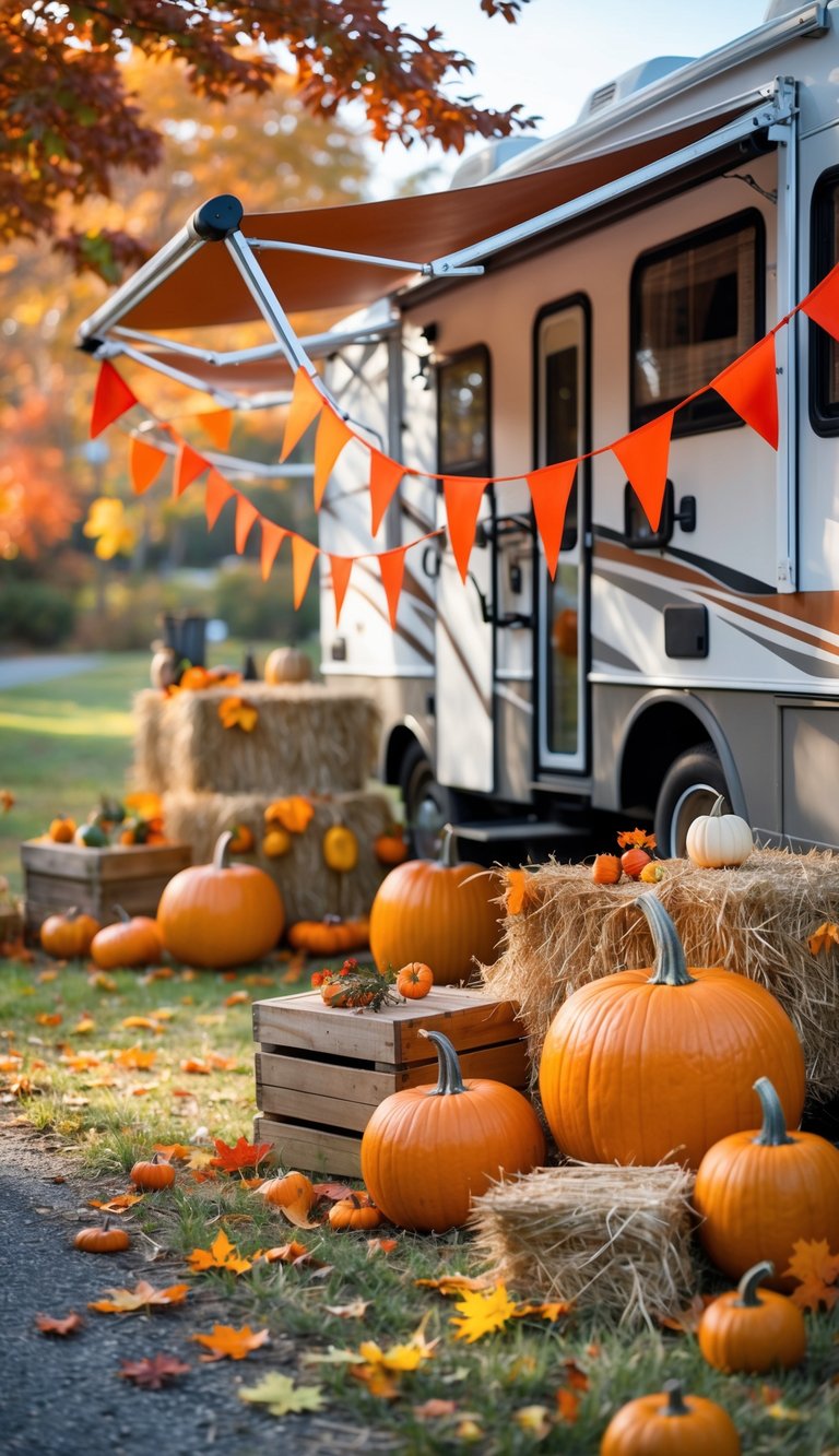An RV decorated with orange and red bunting flags surrounded by pumpkins, hay bales, and autumn leaves.