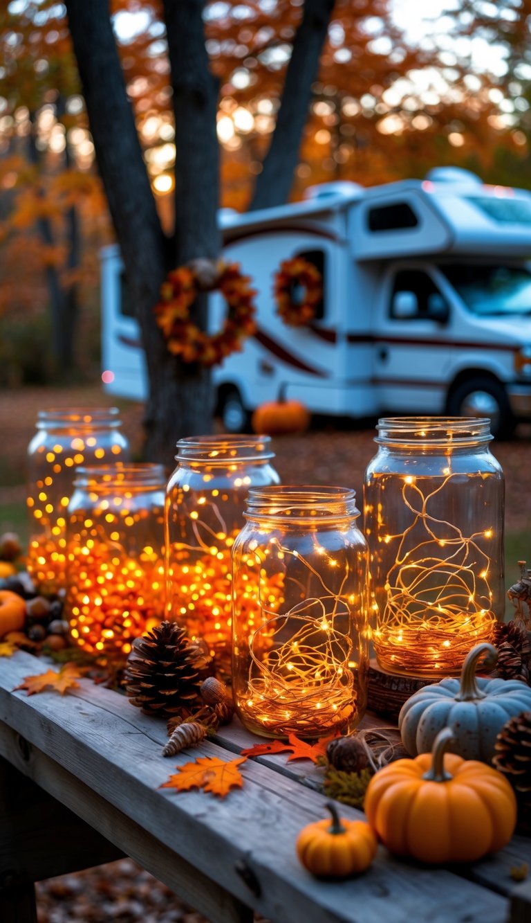 Glass jars filled with orange fairy lights arranged with fall leaves, pumpkins, and pinecones near a decorated RV in a wooded area with autumn trees.