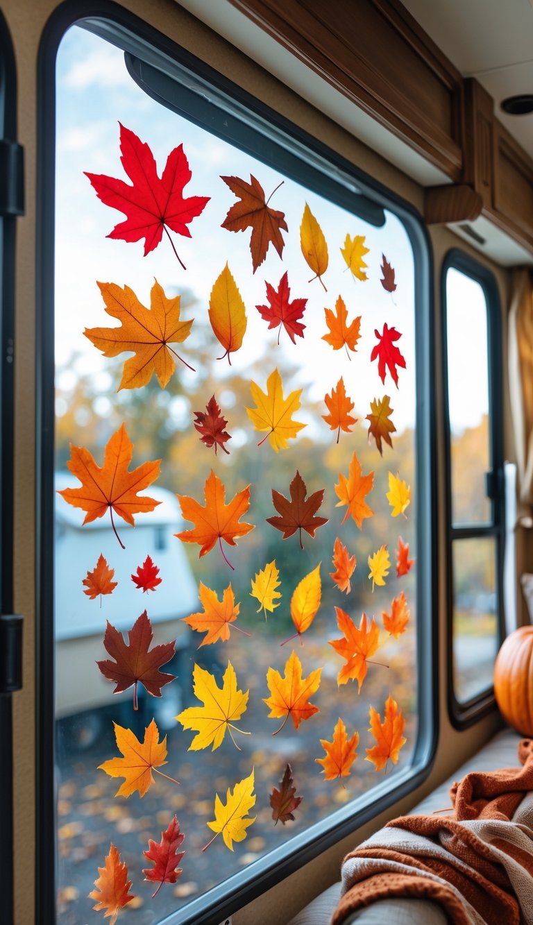 A window of an RV decorated with colorful autumn leaf clings in red, orange, yellow, and brown, with soft natural light shining through.