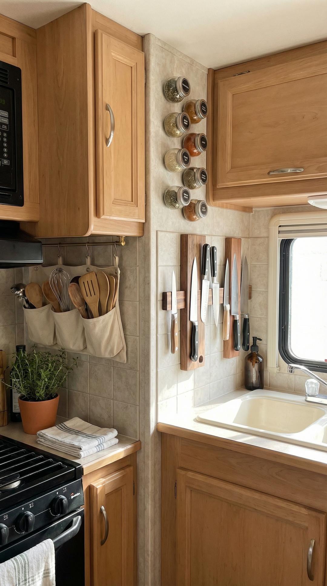 Magnetic kitchen storage solutions in RV