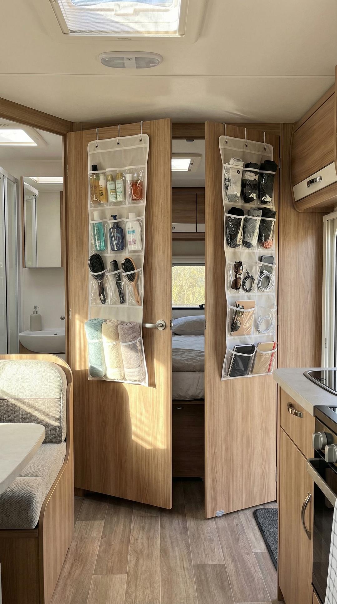 Over-the-door organizers in RV bathroom and bedroom