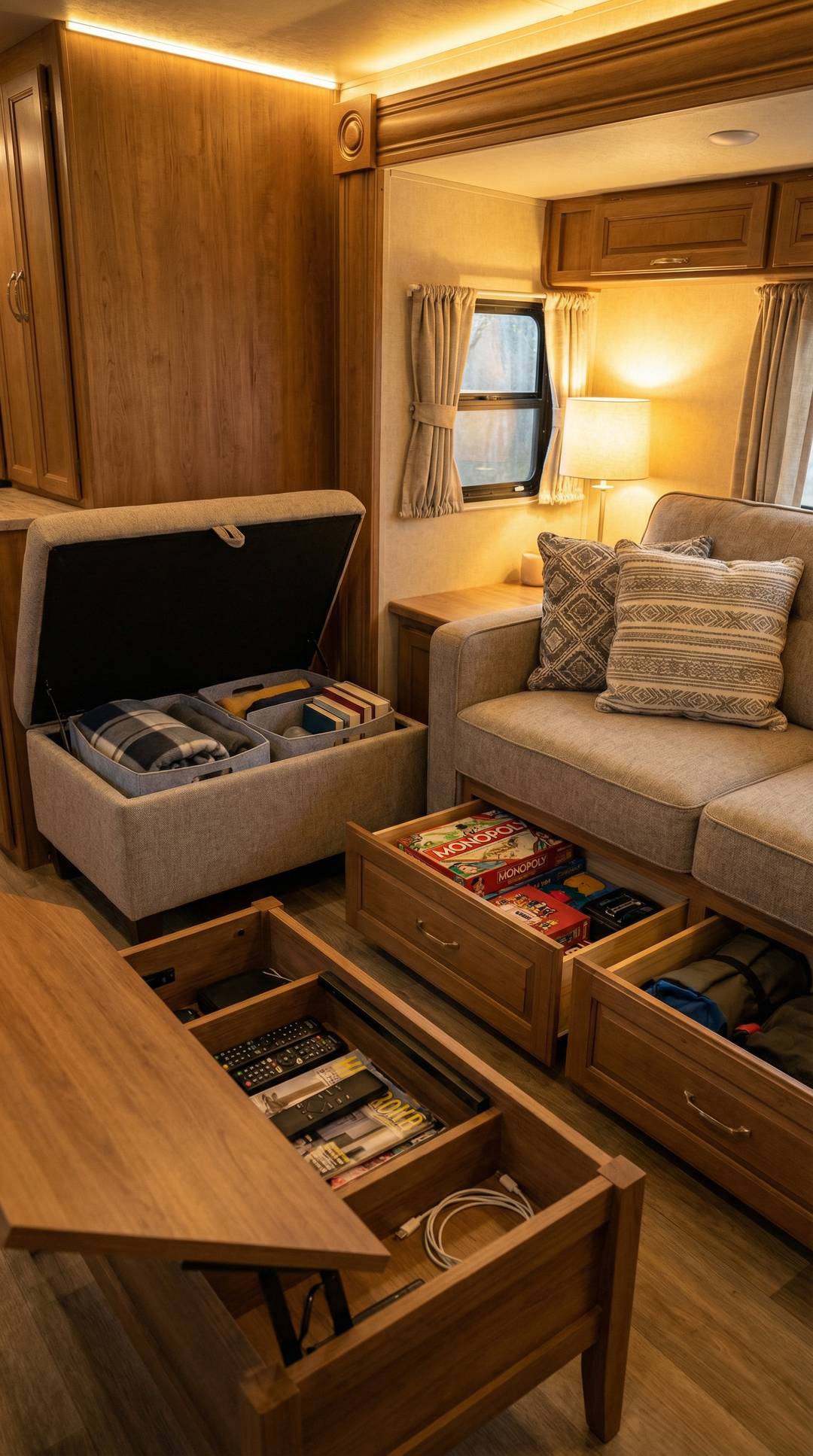 RV furniture with hidden storage compartments