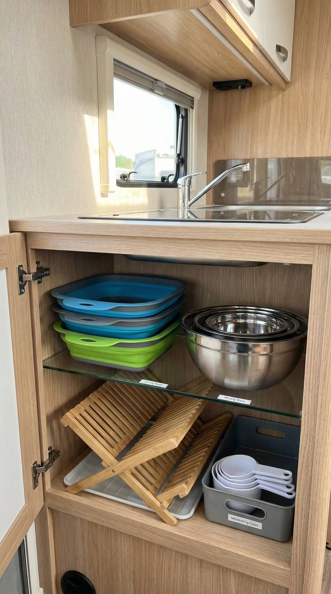 Collapsible and nesting kitchenware in compact RV kitchen