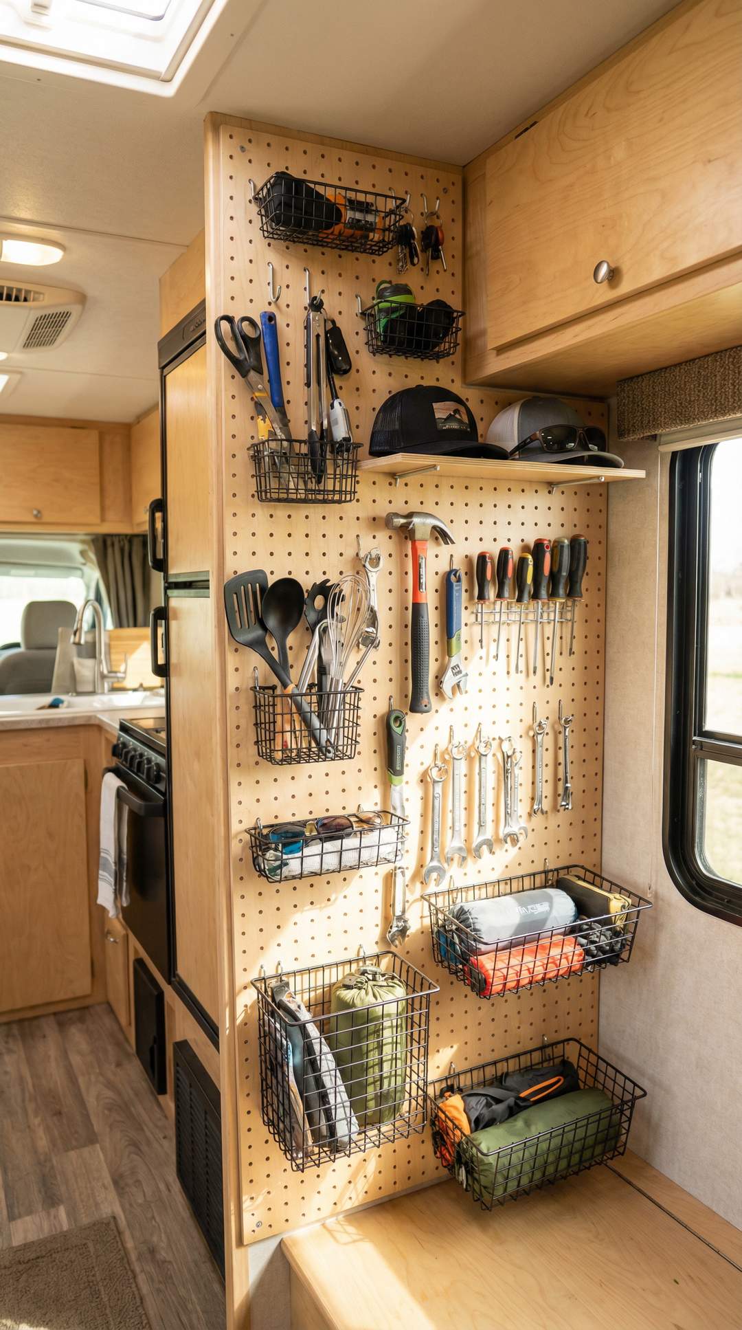 Pegboard wall organization system in RV interior