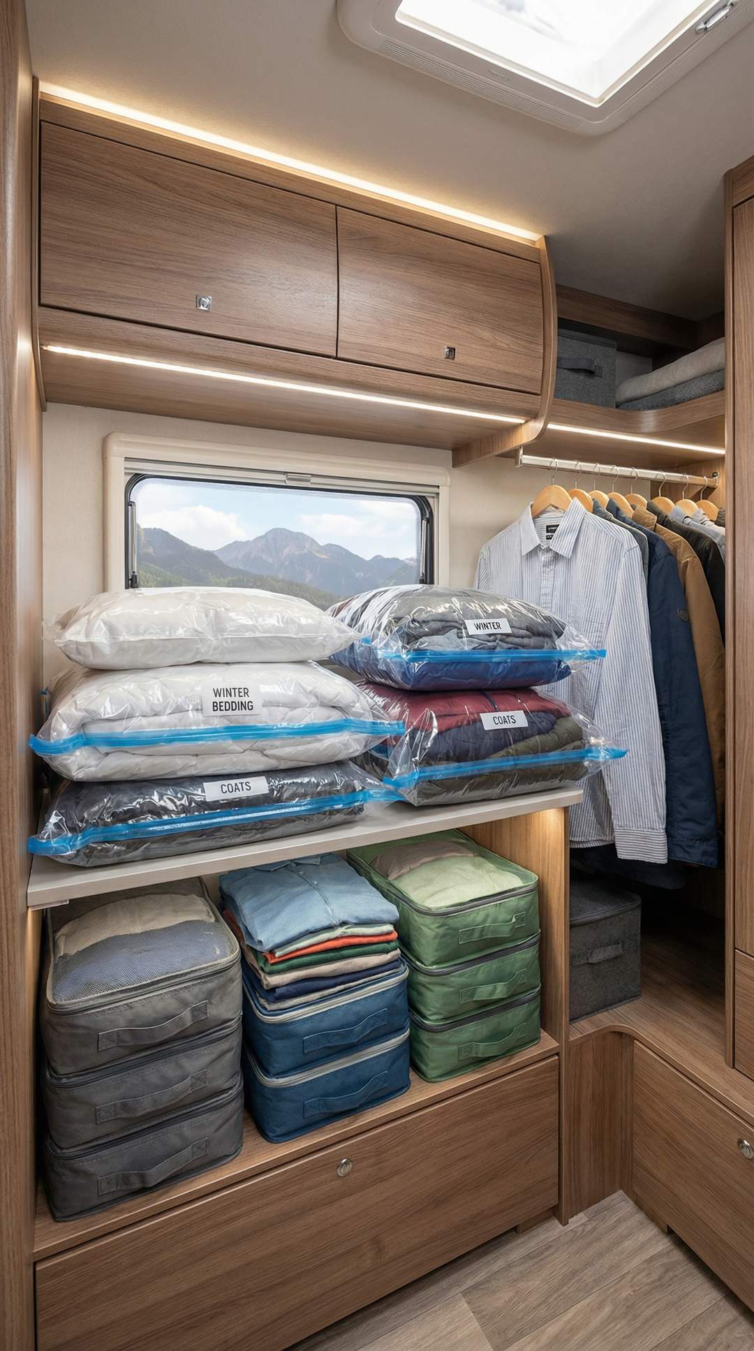 Vacuum storage bags and compression cubes in RV closet