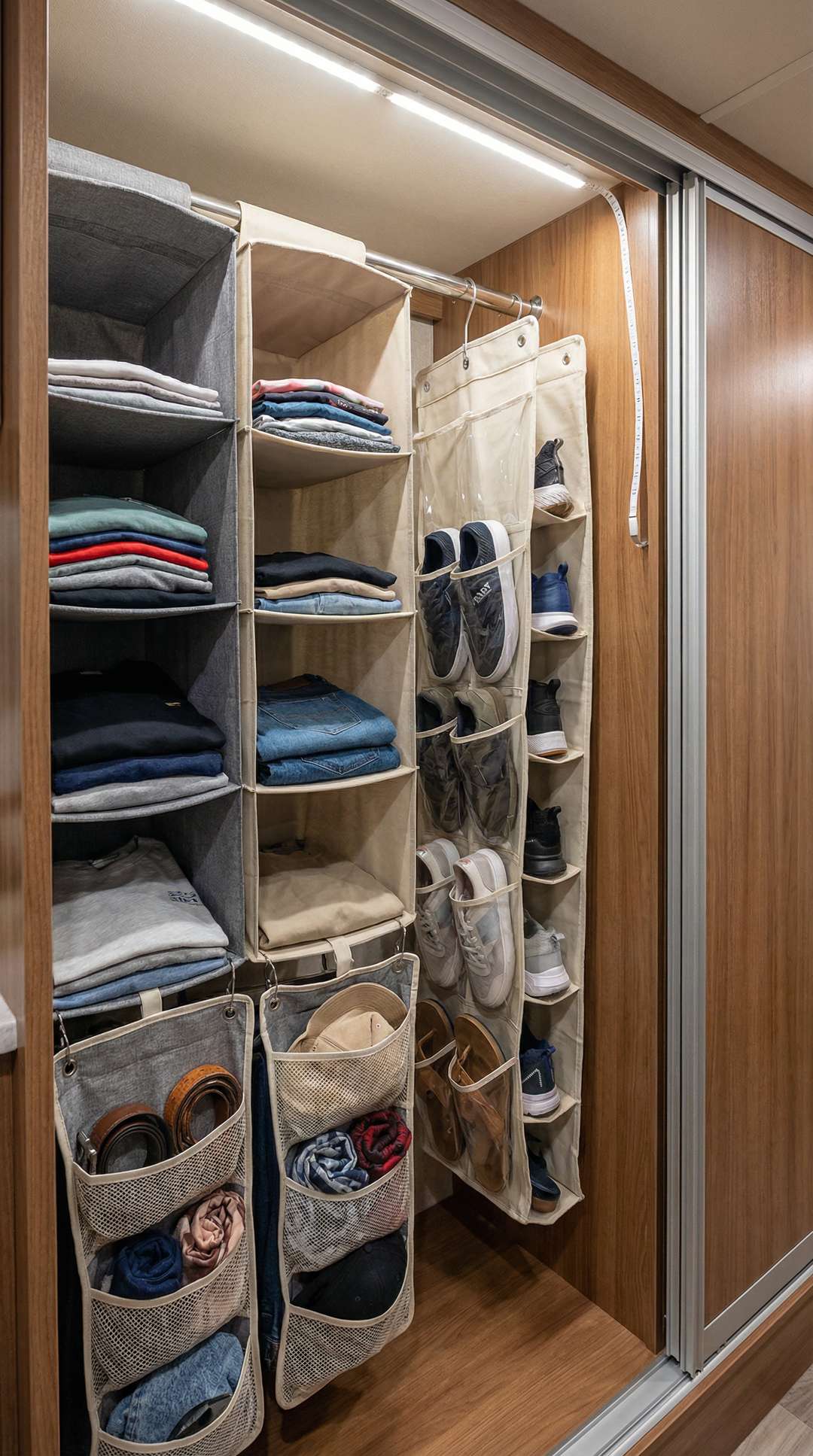 Hanging closet organizers maximizing RV wardrobe space