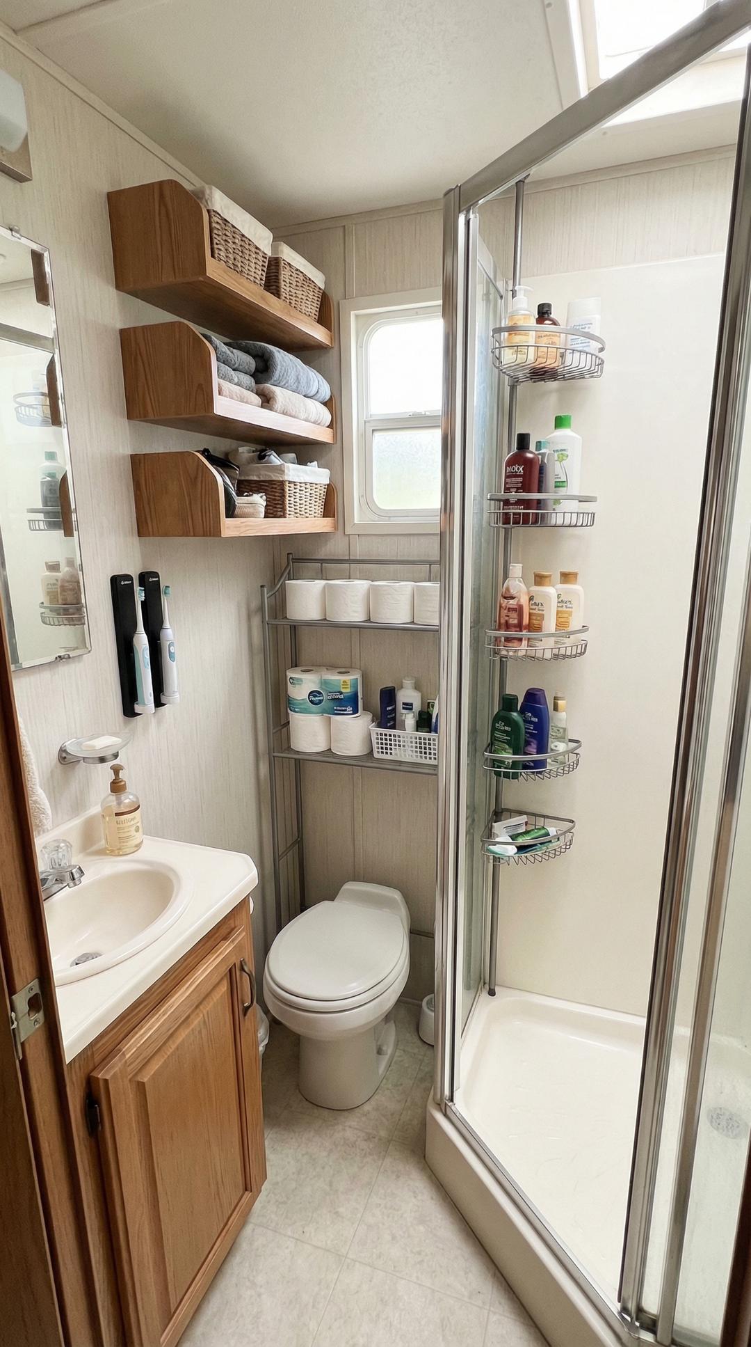 RV bathroom with mounted shelves and vertical storage