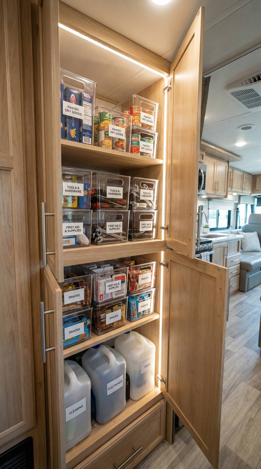 Stackable storage bins and labeled containers in RV cabinets