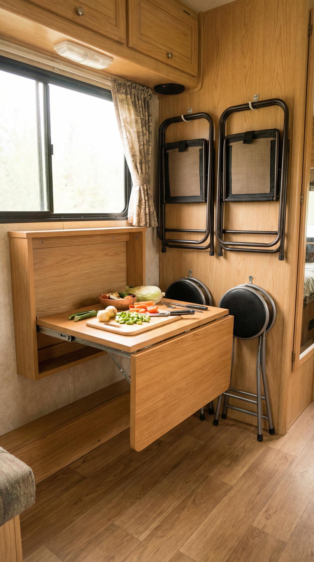 Fold-down wall-mounted table in compact RV dining area