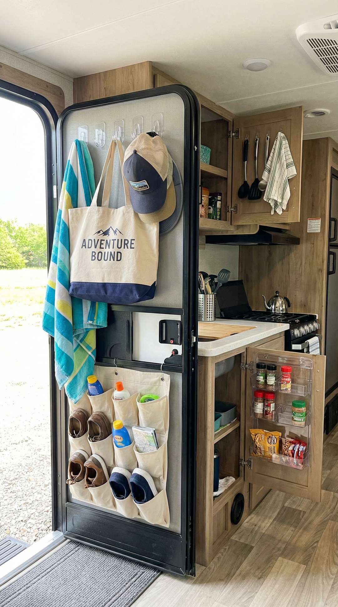 Behind-door storage solutions with hooks and pockets in RV