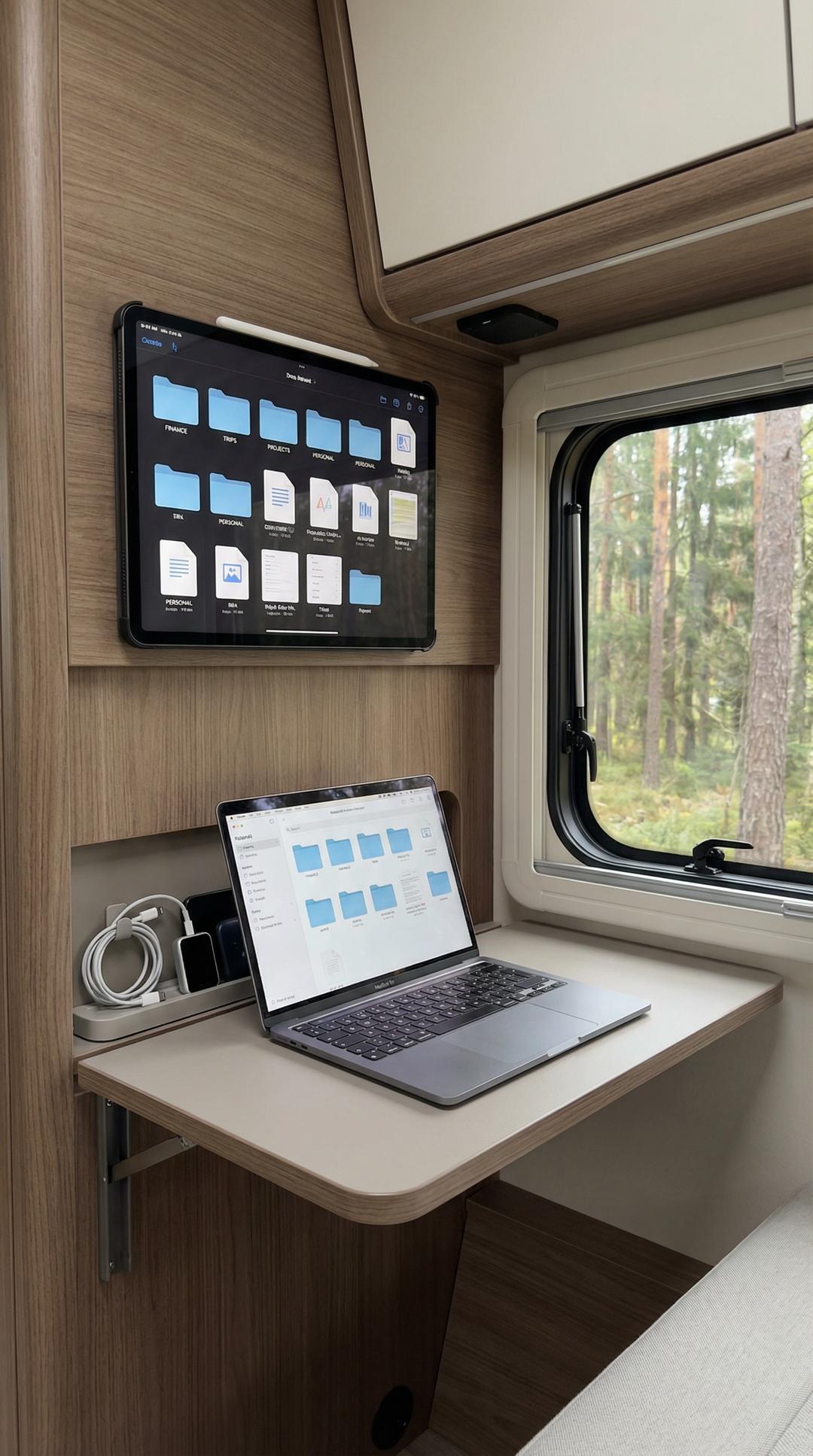 Digital organization workspace in modern RV with tablet and laptop