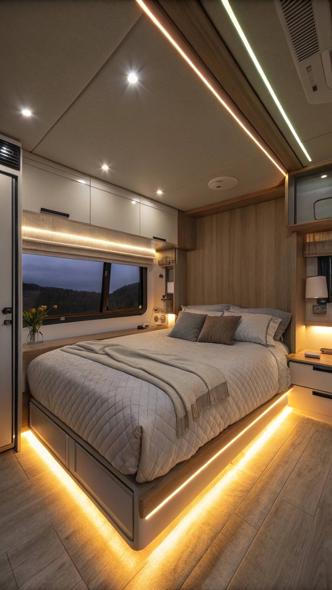 RV bedroom with warm ambient LED lighting