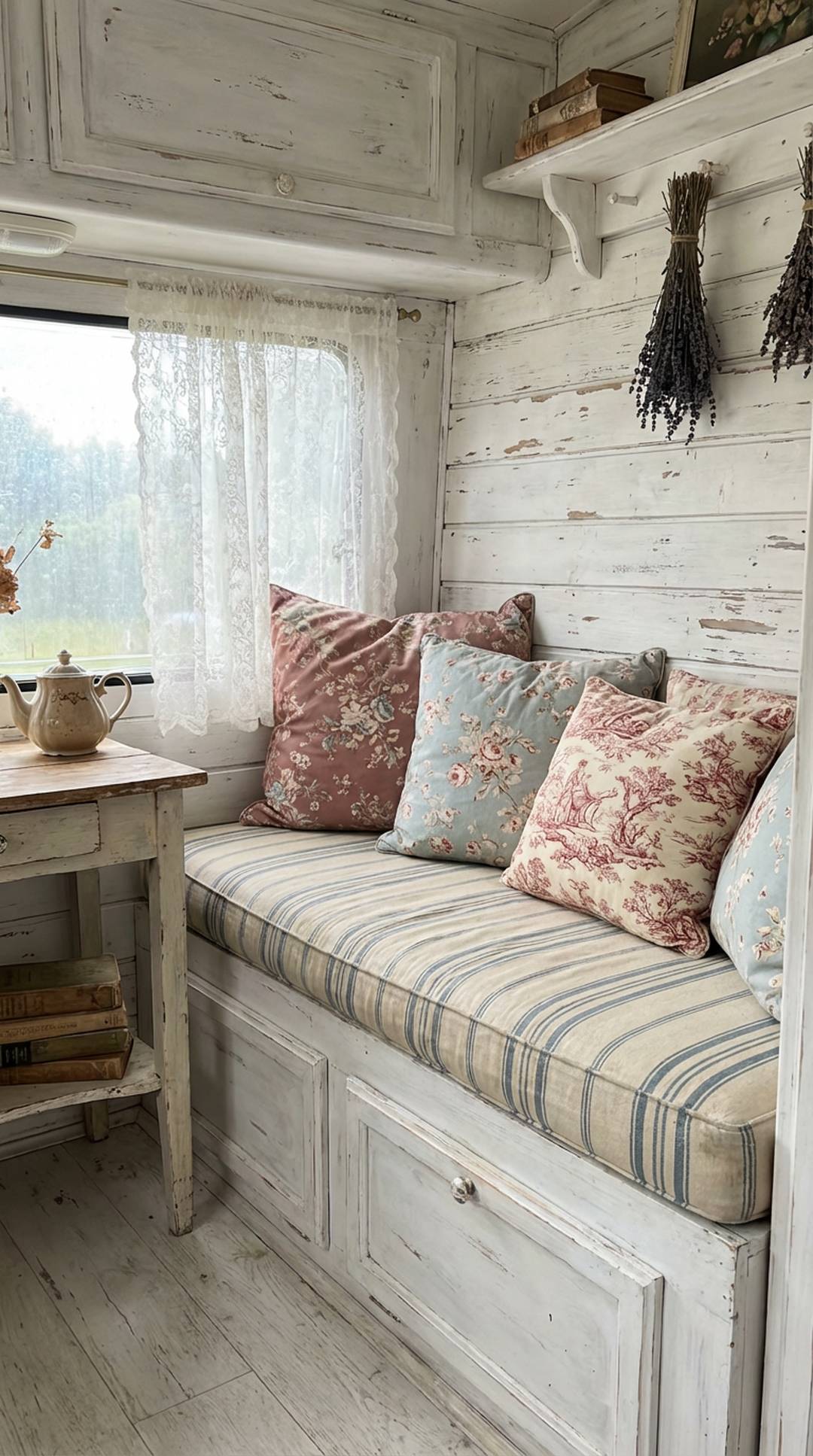 Striped anchor pattern in shabby chic camper seating area
