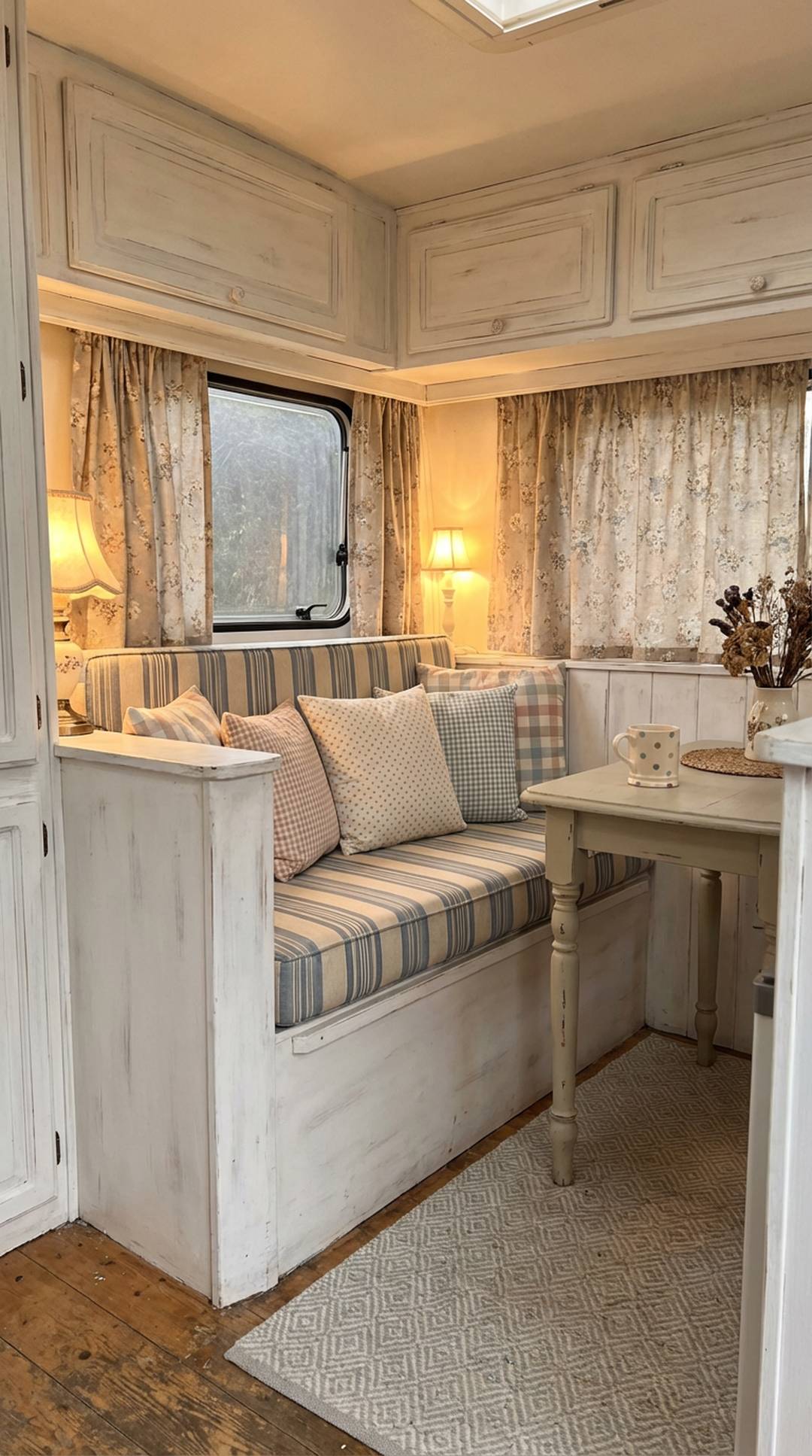 Balanced pattern distribution in shabby chic camper space