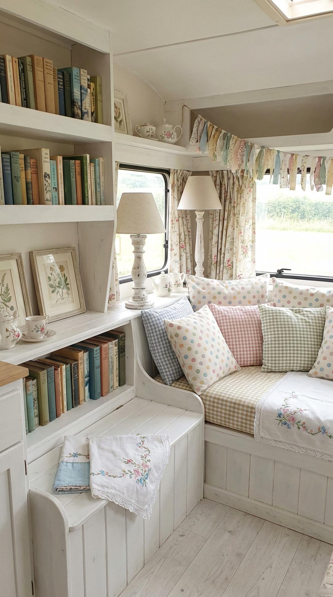 Polka dots and gingham checks mixed in shabby chic camper