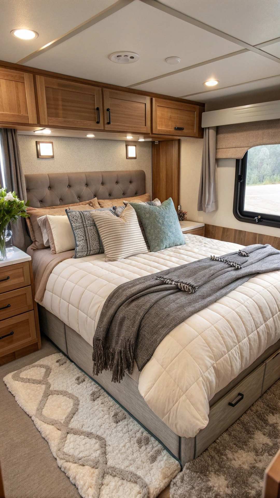RV bedroom with luxurious layered bedding