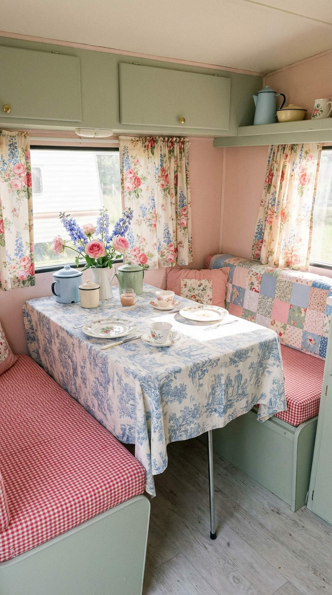 Eclectic mismatched vintage patterns in shabby chic camper