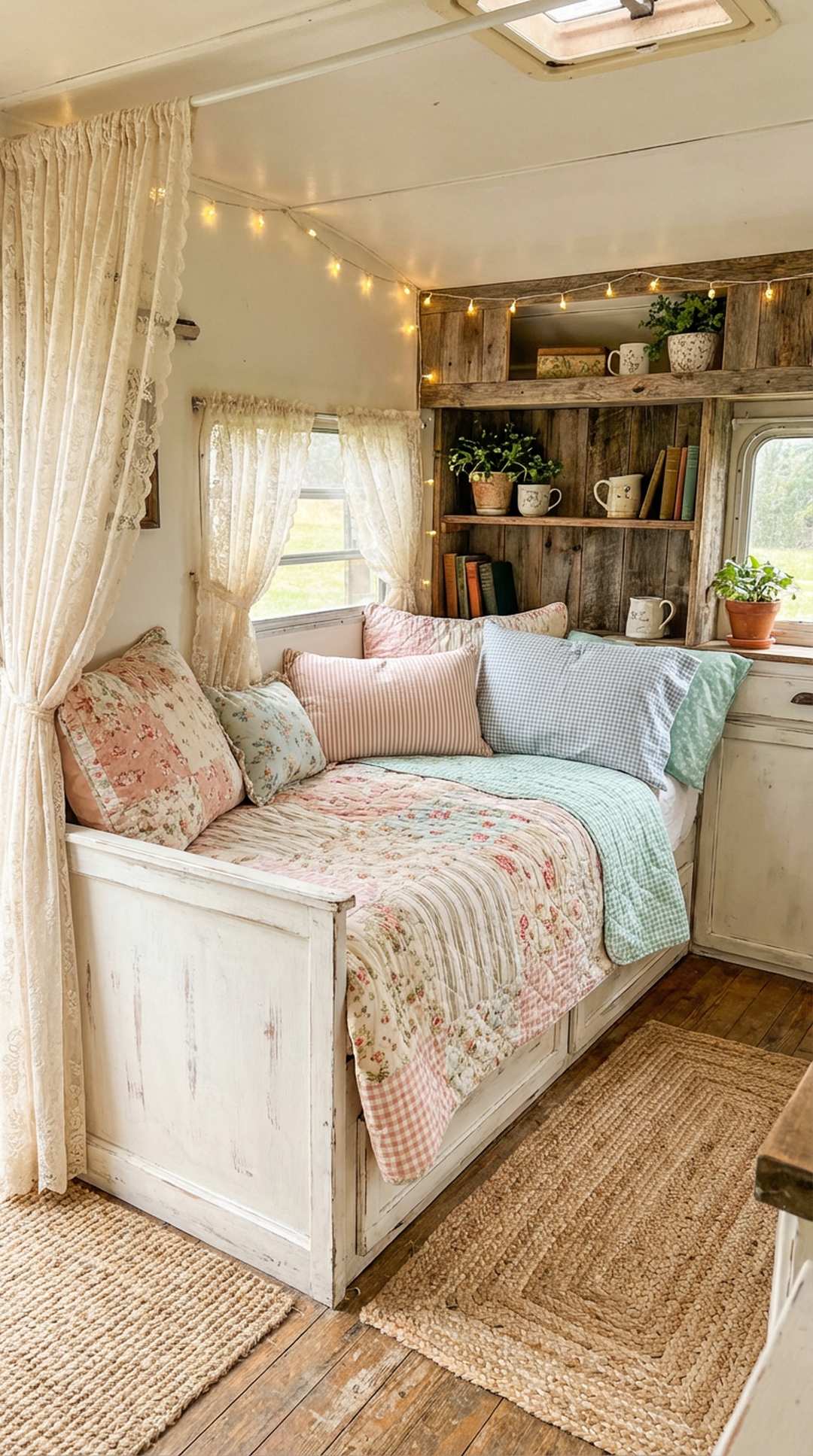 Shabby chic camper interior with neutral base and mixed patterns