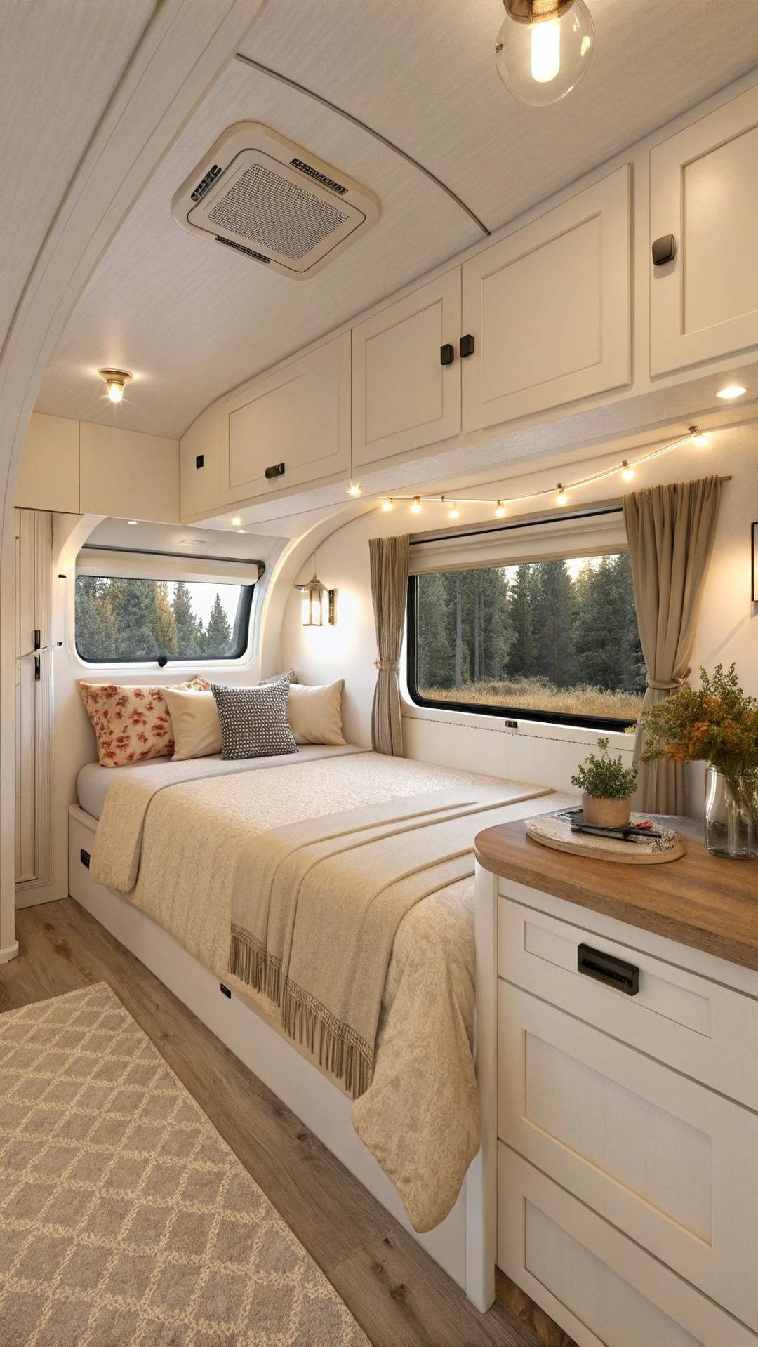 Cozy RV bedroom with soft neutral color palette