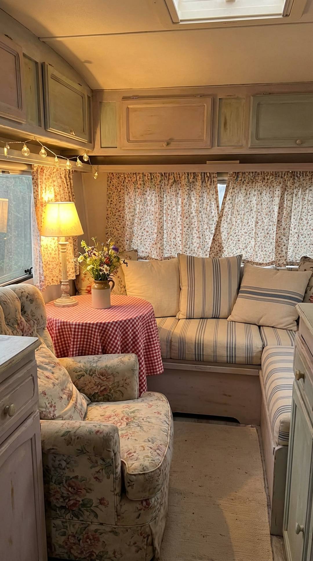 Odd number of patterns creating visual appeal in shabby chic camper
