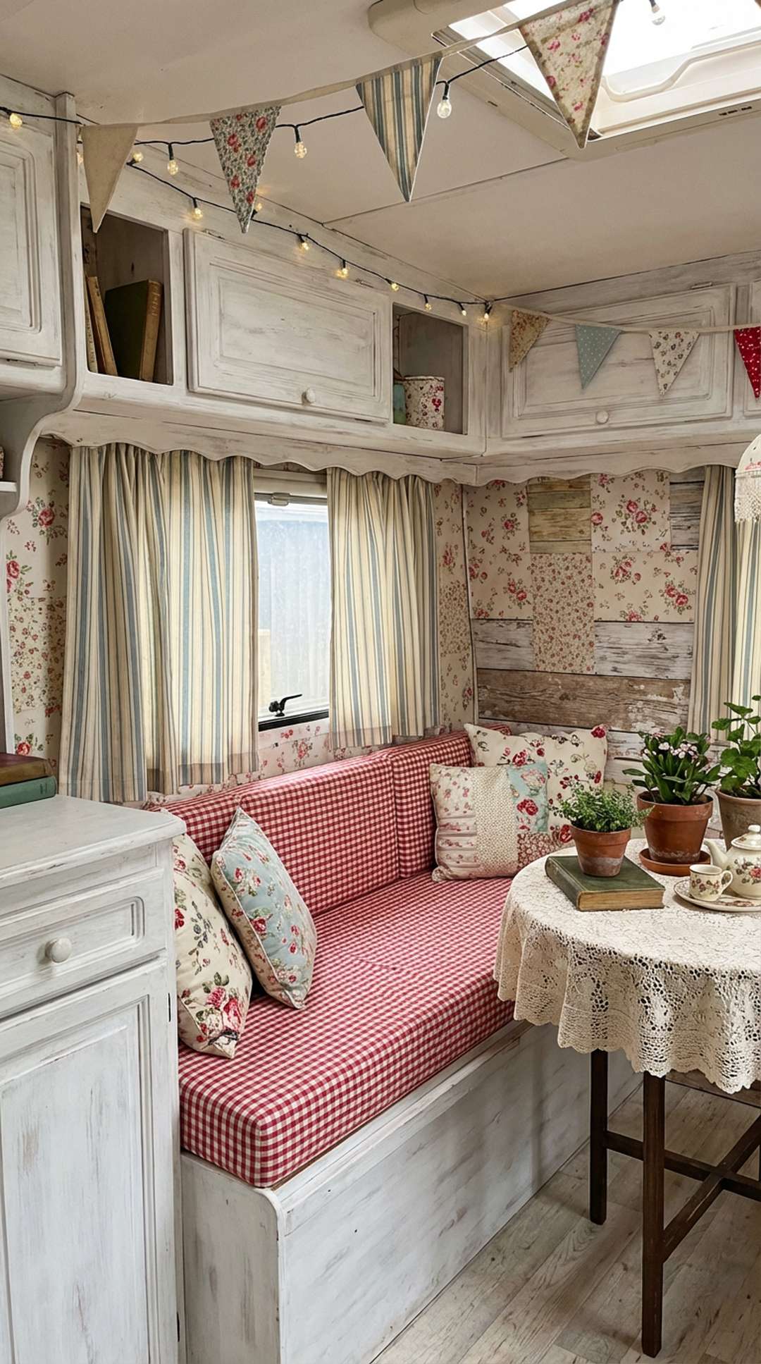 Different pattern directions creating dynamic shabby chic camper interior