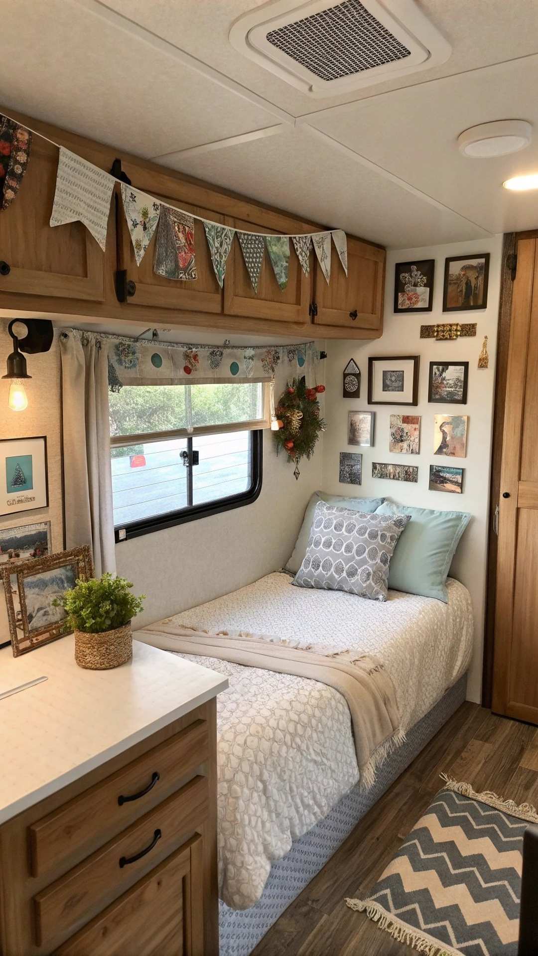 RV bedroom with personal photos and decor