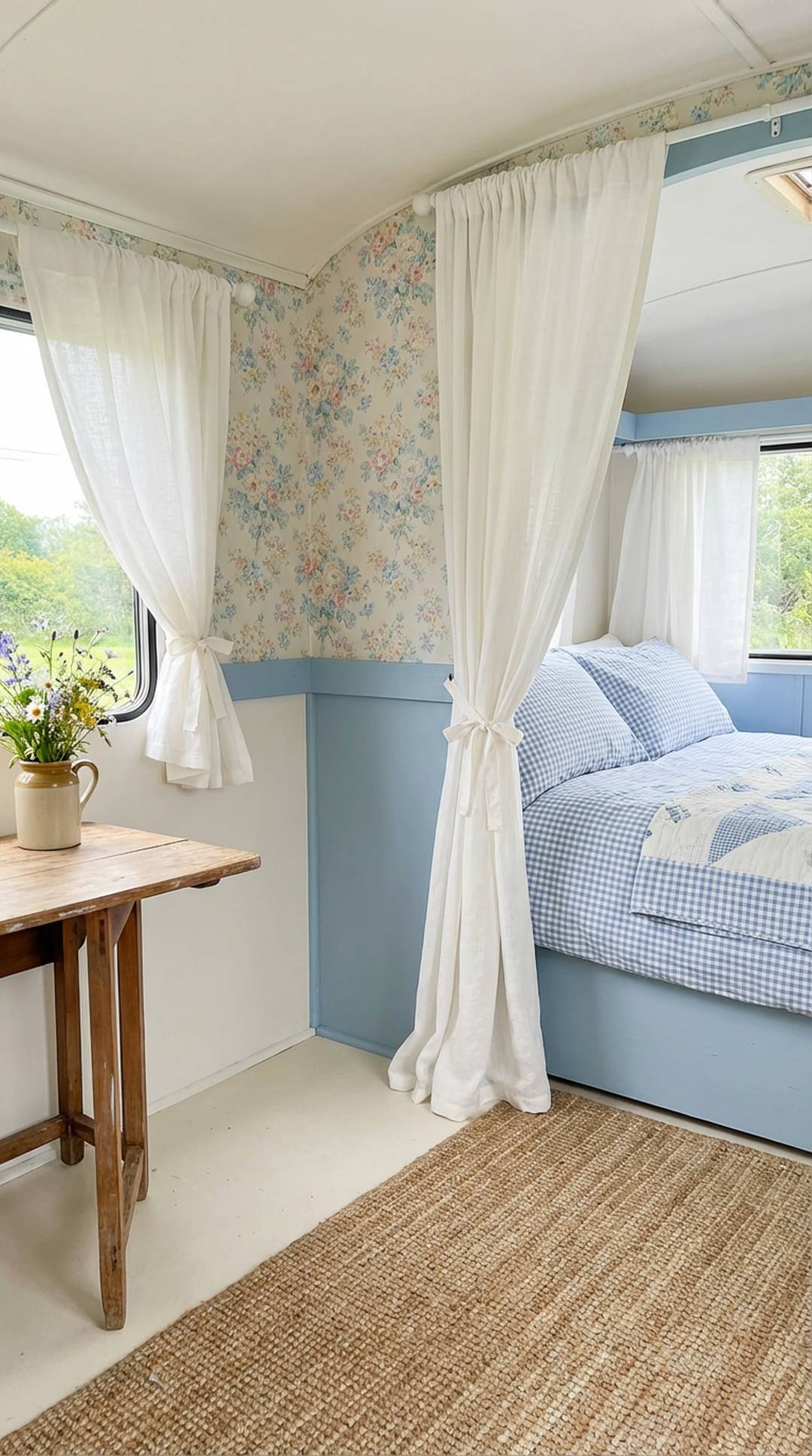 Solid color breaks between patterns in shabby chic camper