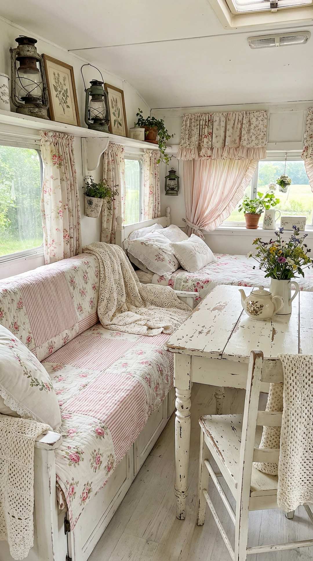 Classic stripes and florals combination in shabby chic camper