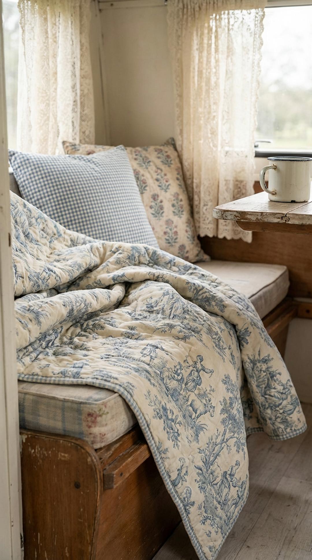 Classic toile de Jouy pattern in shabby chic camper