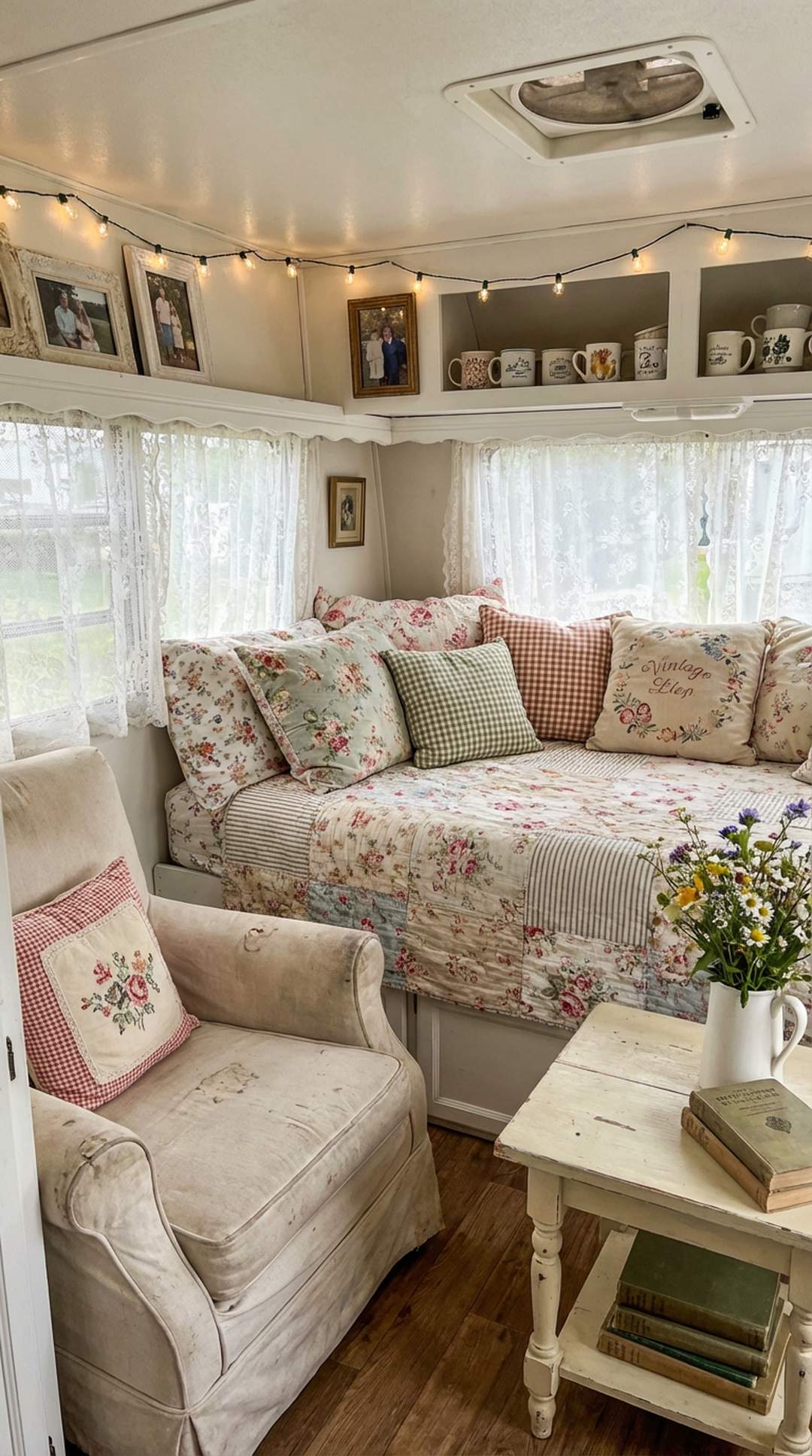 Confident personal pattern mixing in shabby chic camper