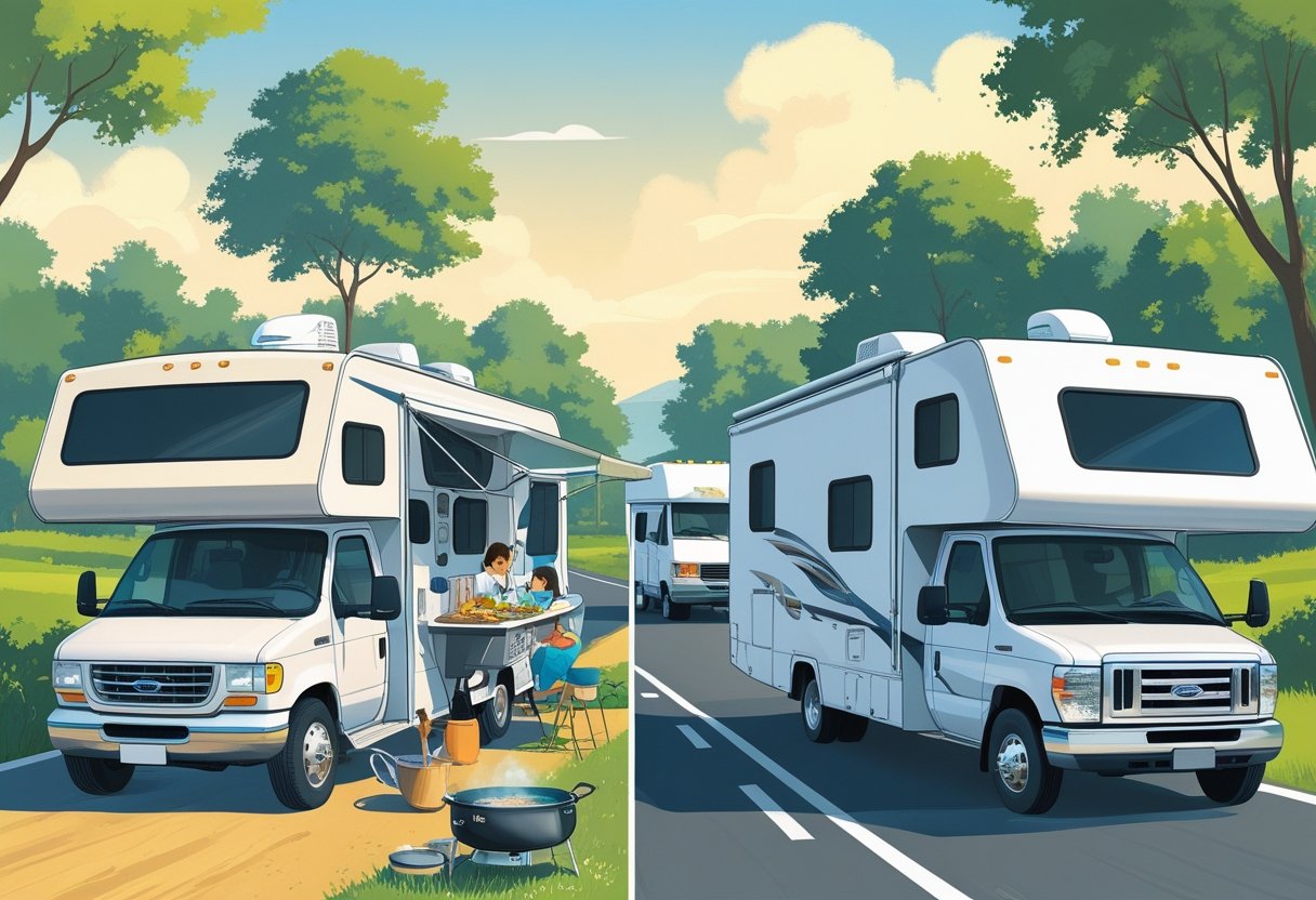 Various types of RVs shown parked with people cooking safely inside or outside, and the same RVs driving on a highway emphasizing safe practices.