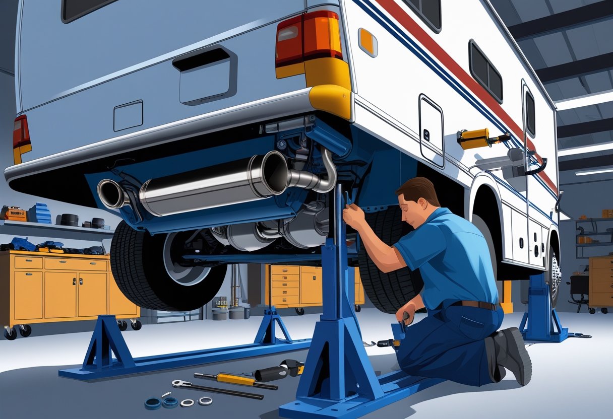 A mechanic inspecting the exhaust system of an elevated RV inside a clean and organized workshop.