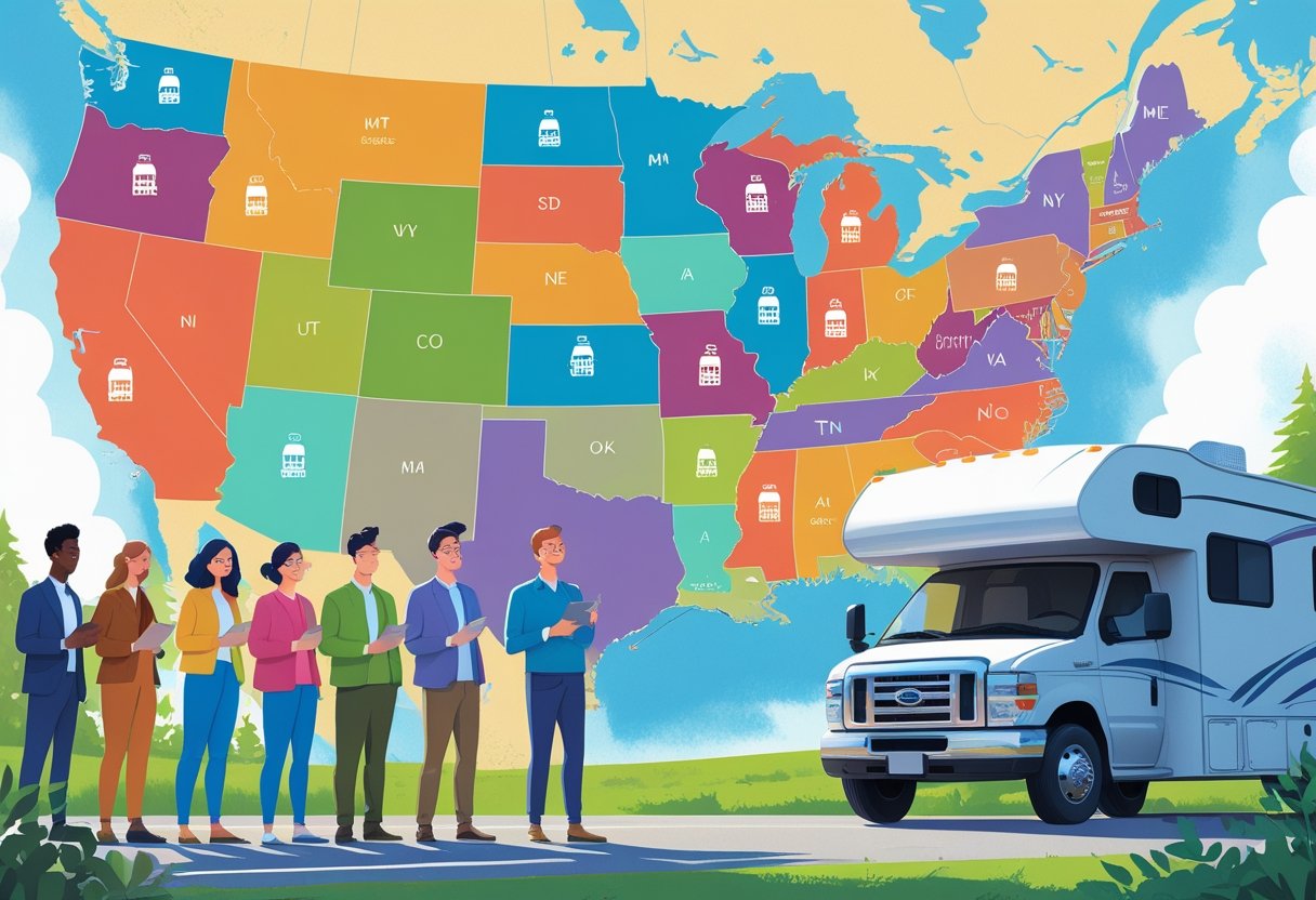 People standing near an RV looking at a colorful map of the United States showing different states with icons representing RV licensing rules.