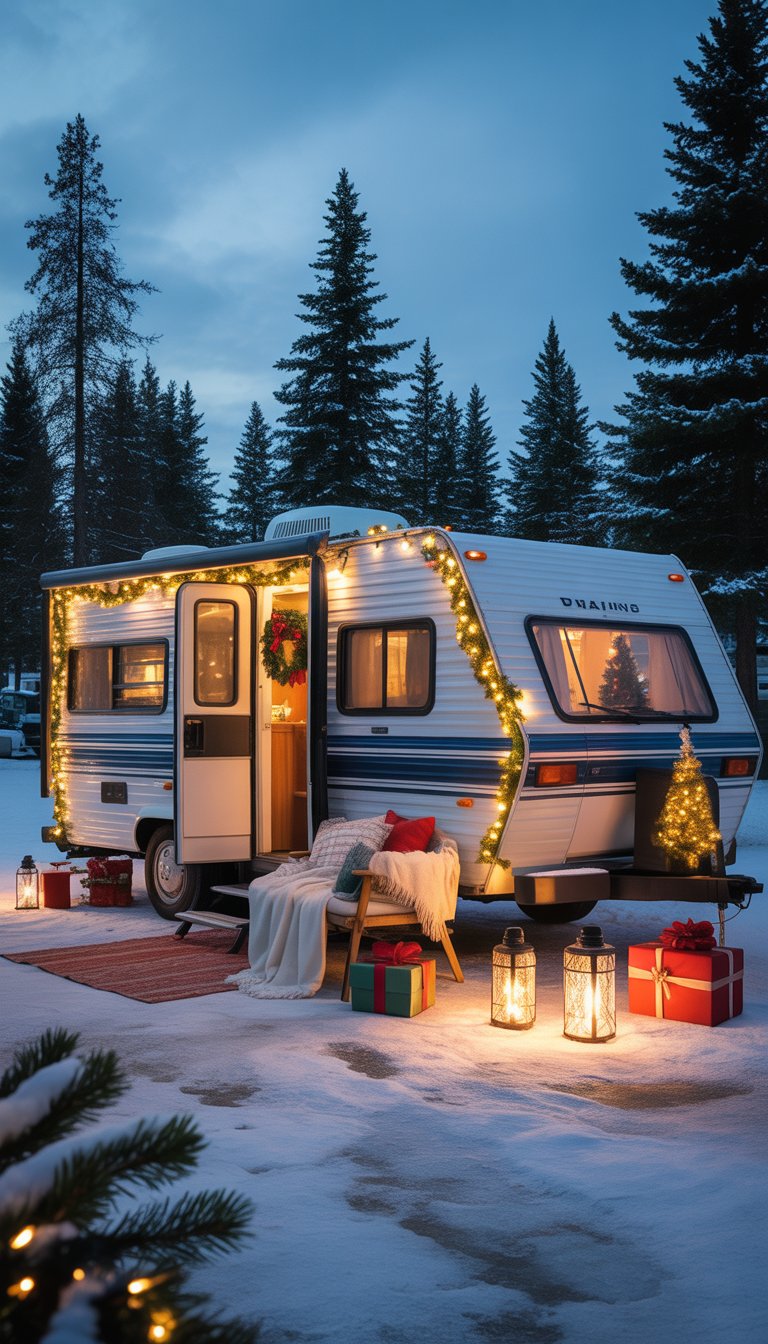 A decorated RV with Christmas lights and wreaths parked in a snowy campground surrounded by holiday decorations and pine trees.