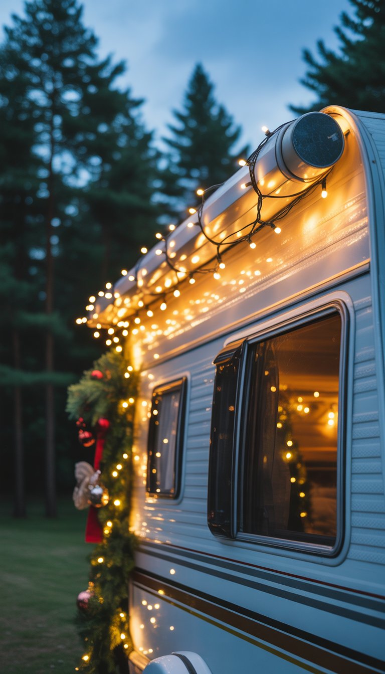 An RV decorated with glowing string fairy lights along the roof edges in an outdoor setting at dusk.