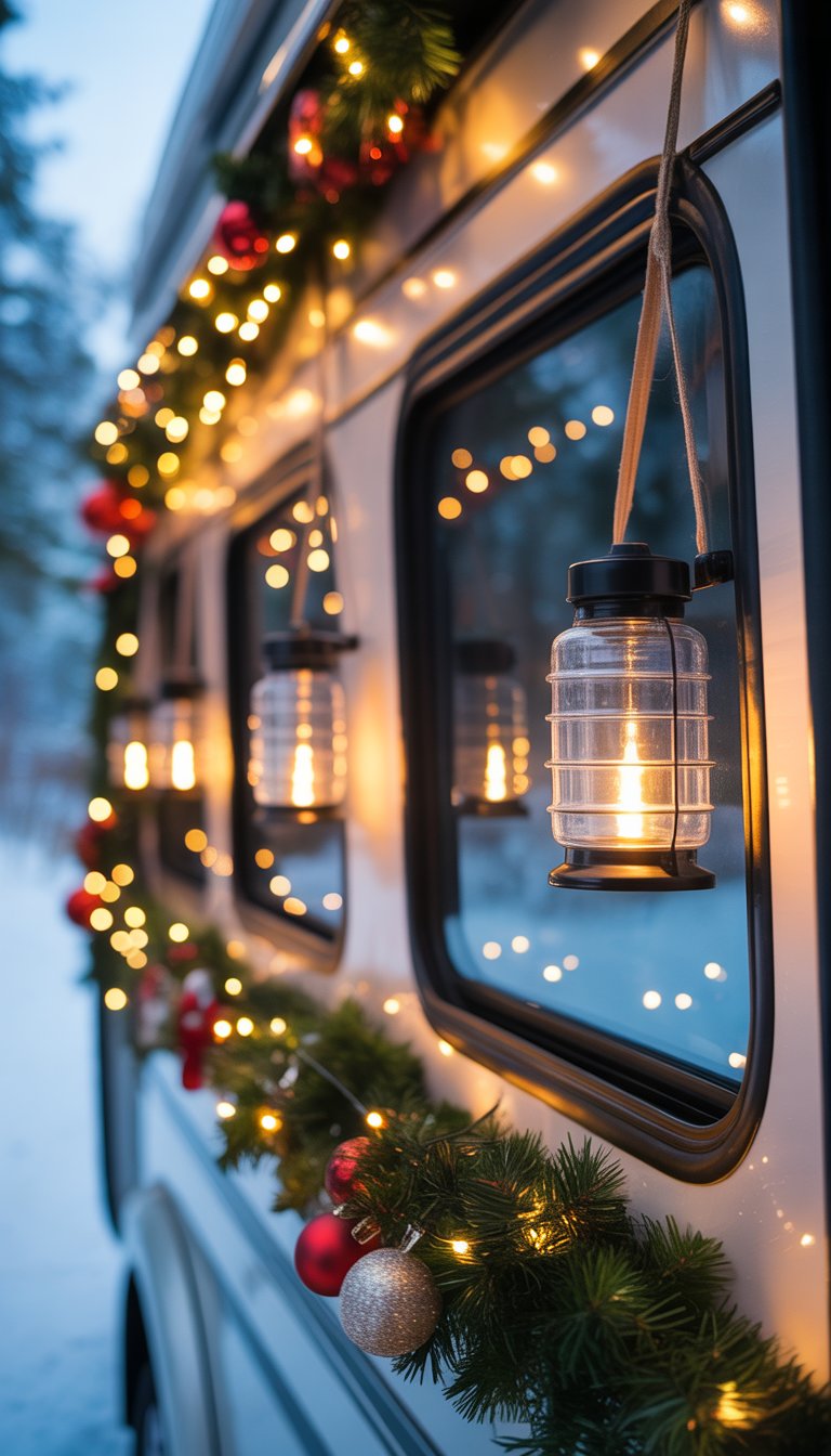 Interior of an RV decorated for Christmas with battery-powered lanterns attached inside the windows glowing warmly.