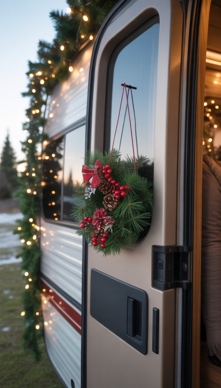 A mini Christmas wreath hanging on the door of an RV decorated for the holidays.