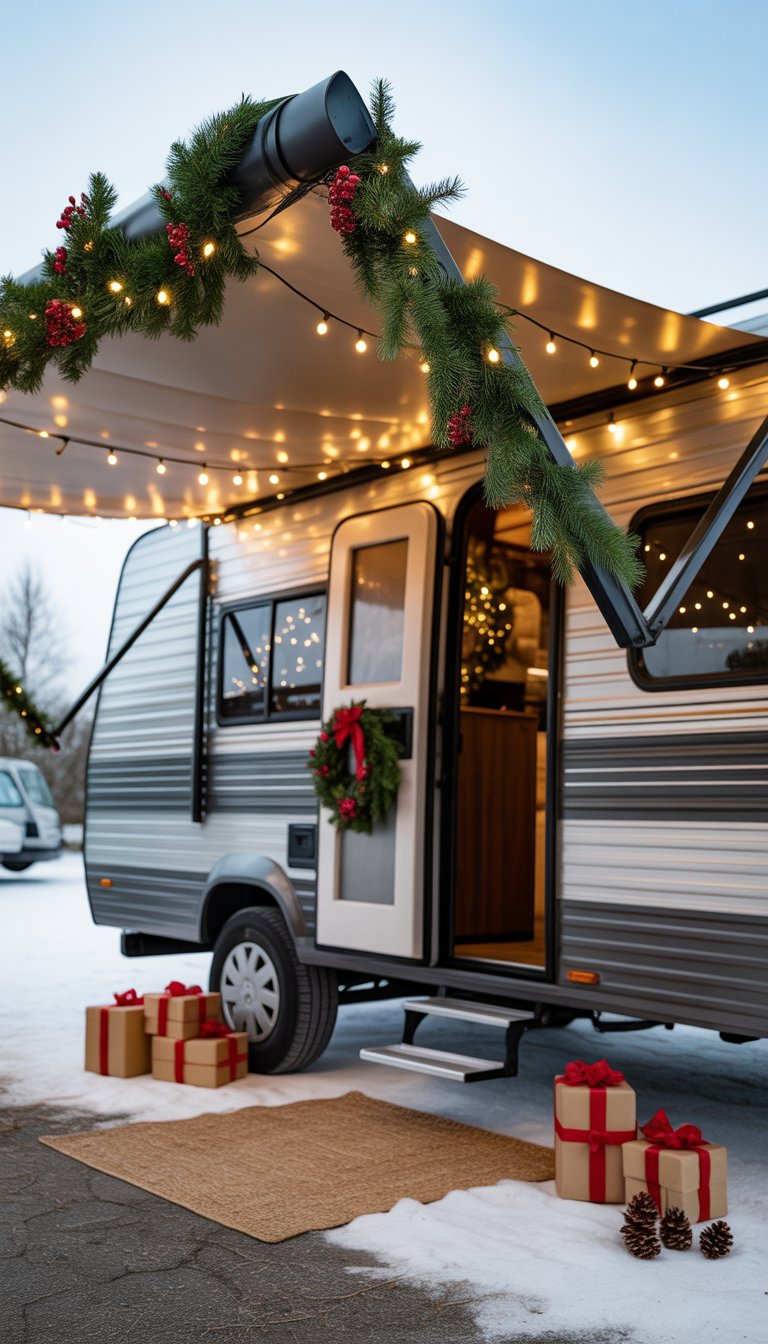 An RV with green garlands and fairy lights draped around its awning, decorated for Christmas outdoors.