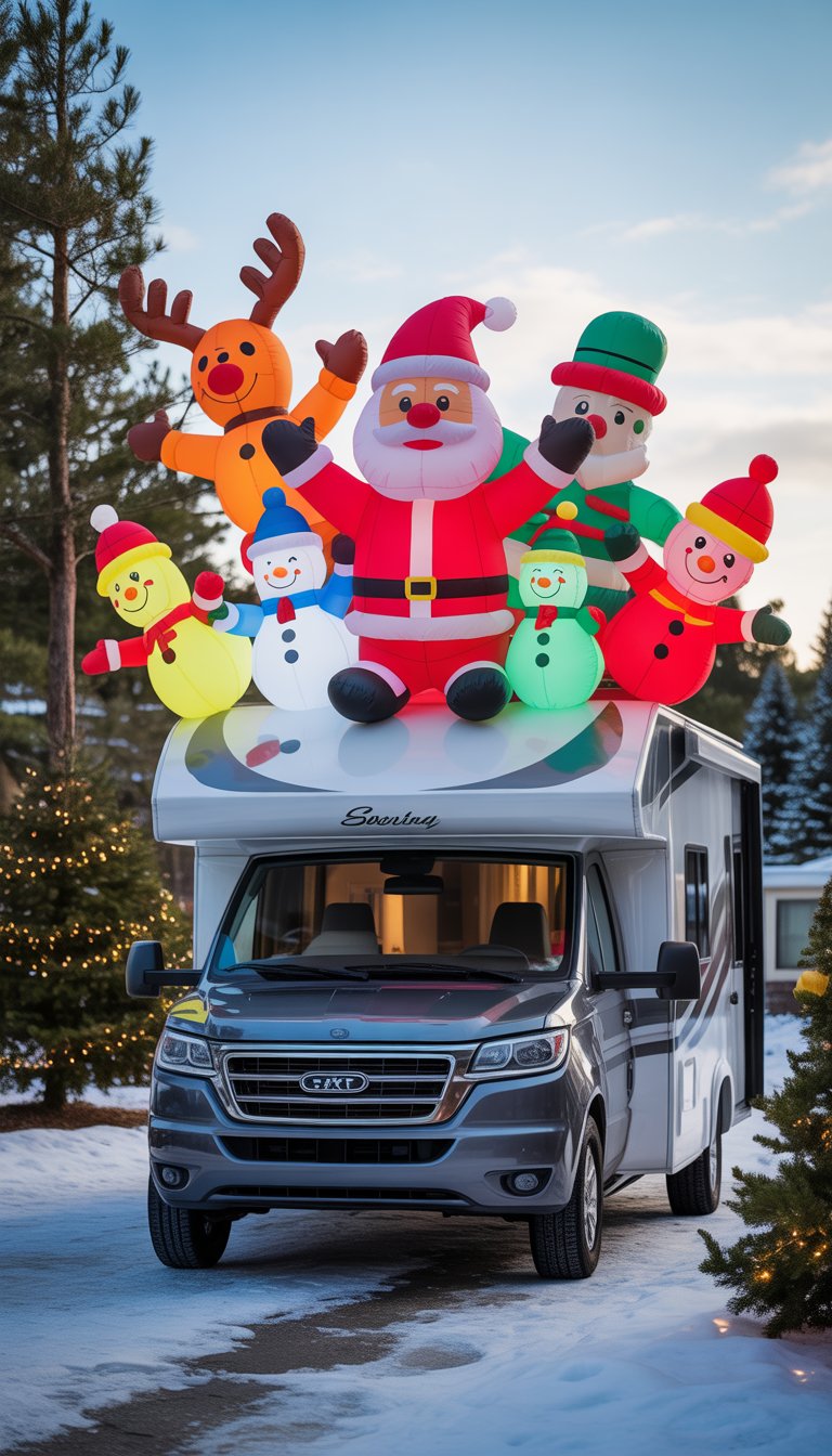 An RV with inflatable Christmas characters like Santa and reindeer displayed on its roof in a snowy outdoor setting.