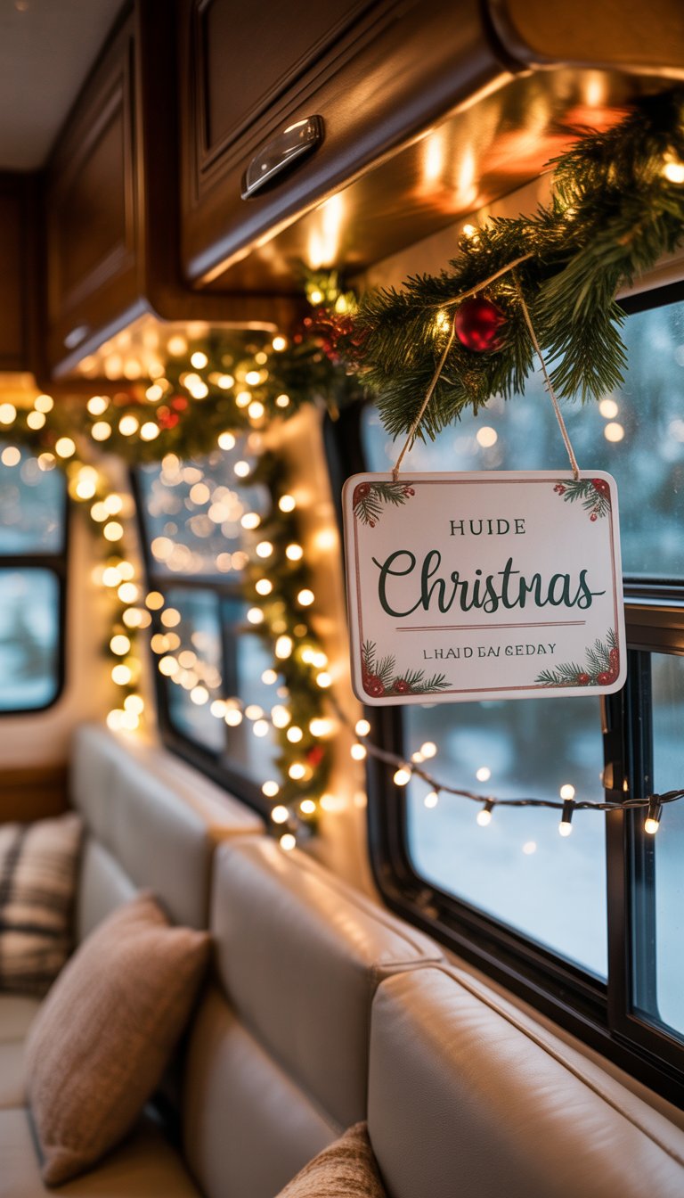 Interior of an RV decorated for Christmas with hanging personalized nameplates and festive holiday decorations.