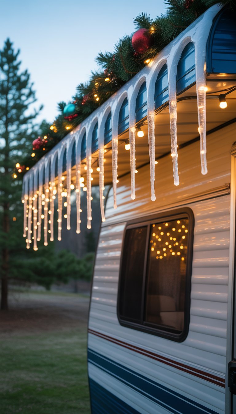 An RV decorated with glowing icicle lights hanging from the eaves in an outdoor setting at dusk.